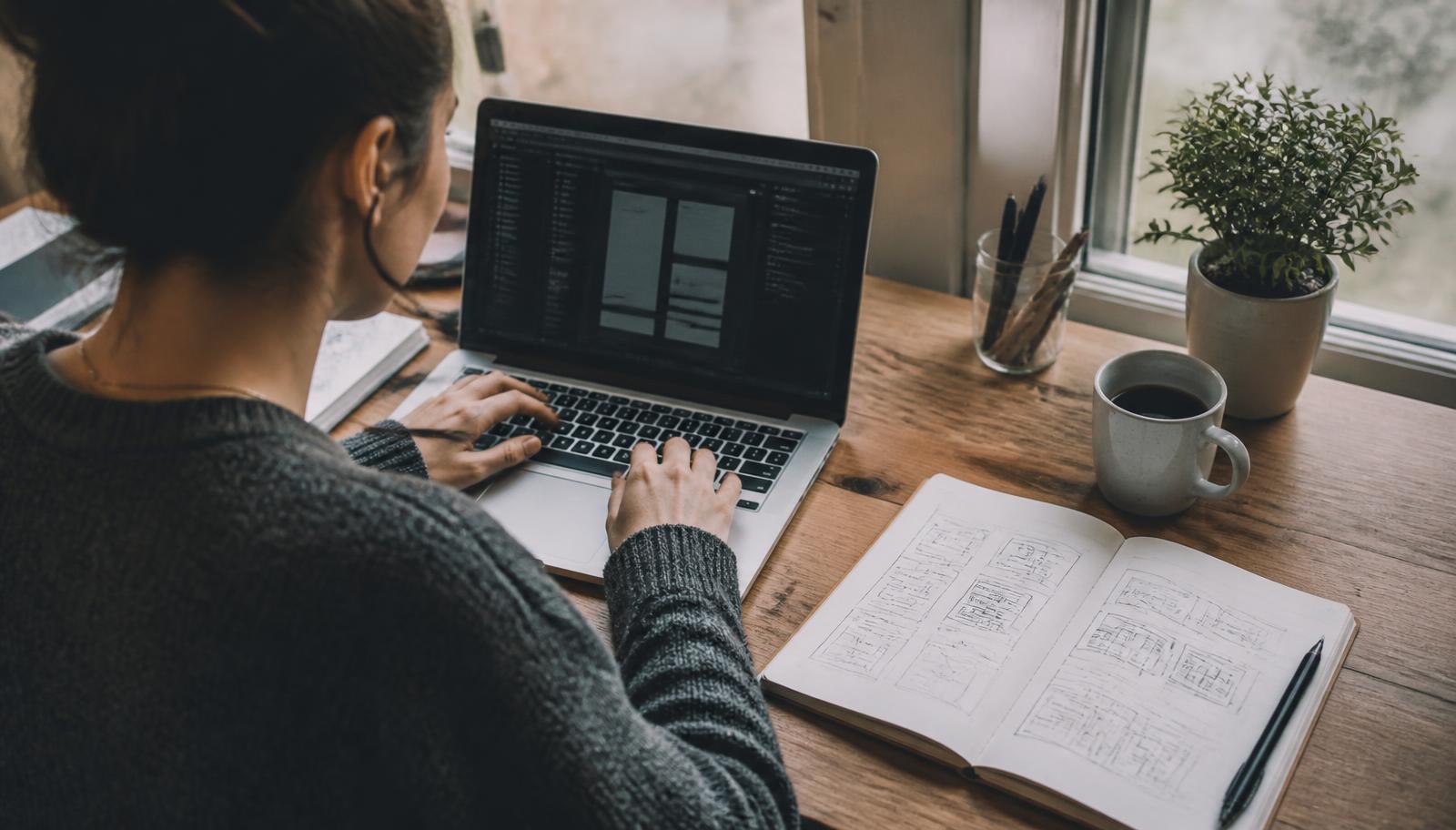 Persona construyendo una app en su laptop junto a un cuaderno con bocetos de pantallas