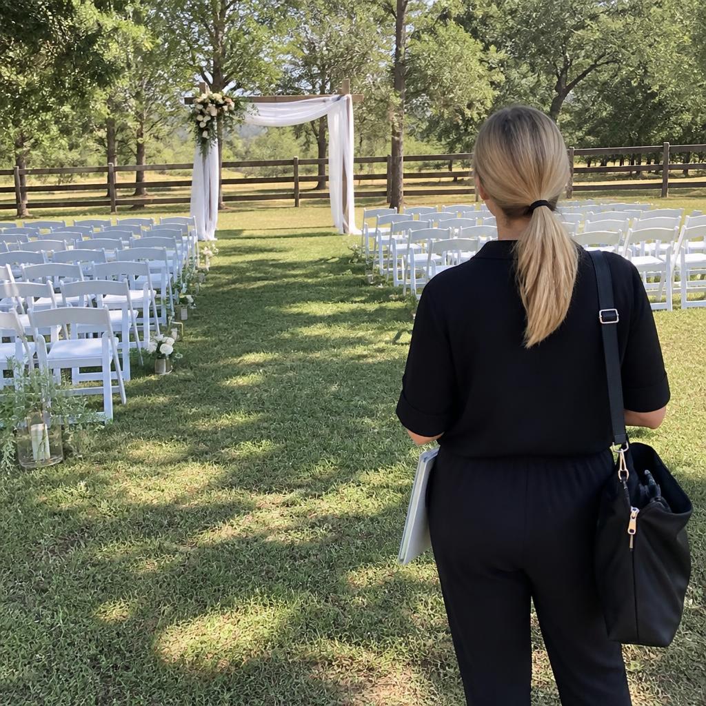 Wedding planner revisando una ceremonia al aire libre